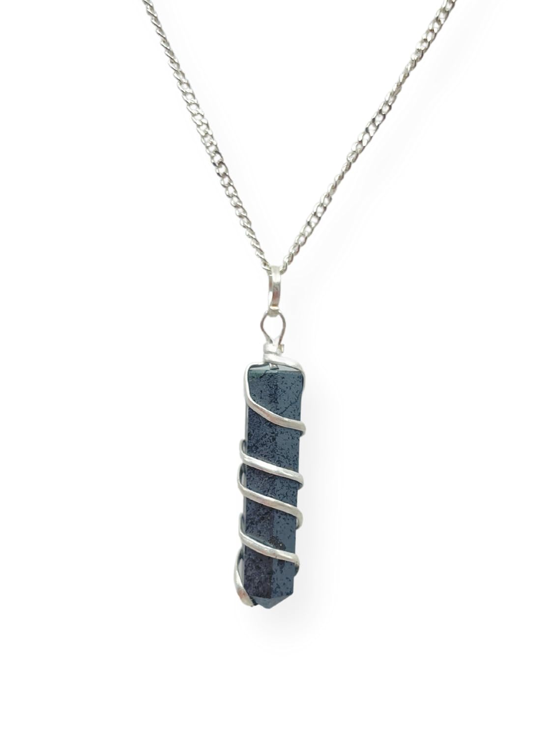 Raw hematite crystal pendant necklace on a silver-plated chain