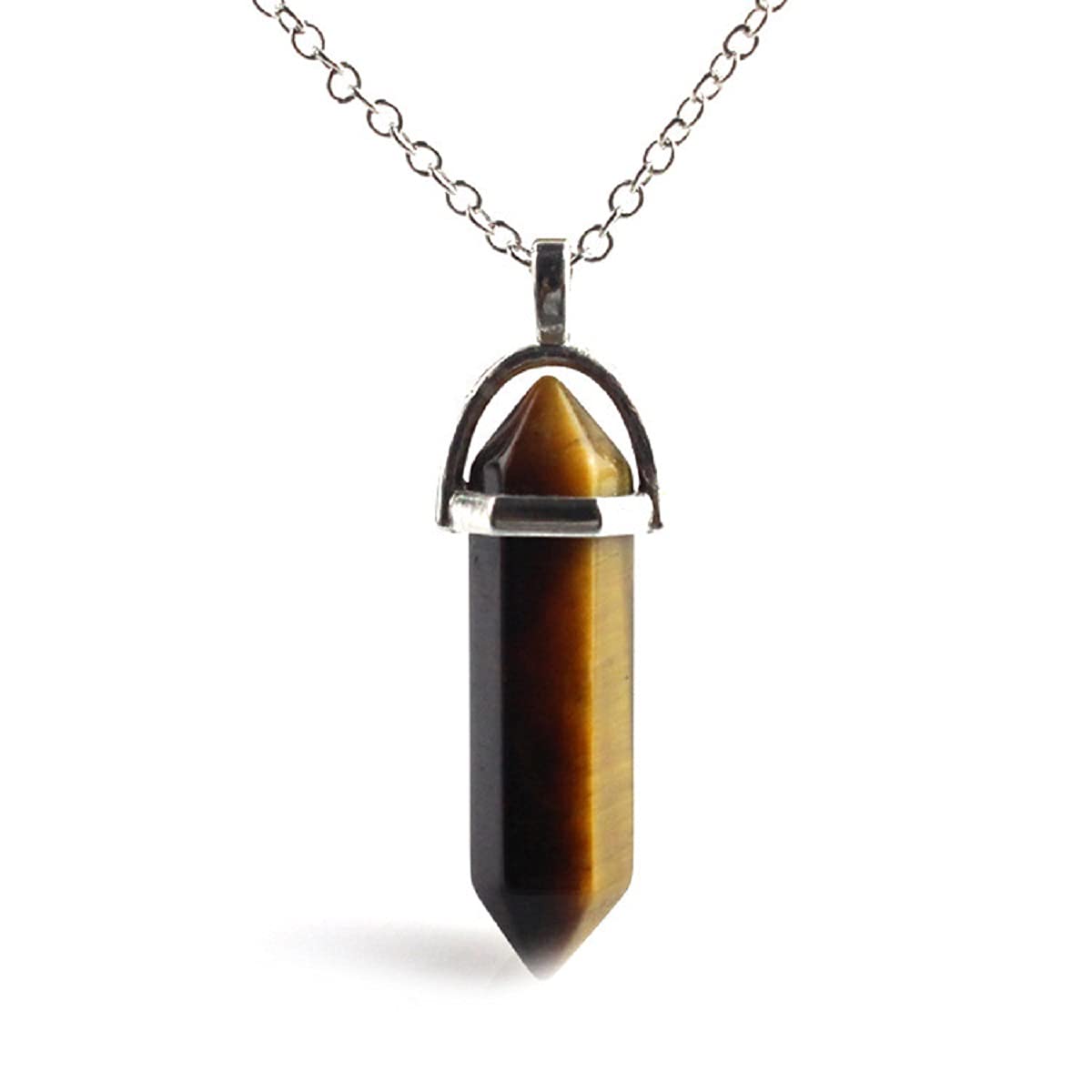 Wire-wrapped hexagonal crystal point pendant necklace in coffee