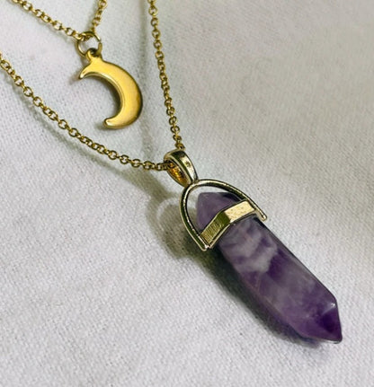 Moon & Hexagon Gemstone Necklace – Choose Your Stone