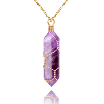 Natural amethyst crystal point pendant necklace with gold wire wrap