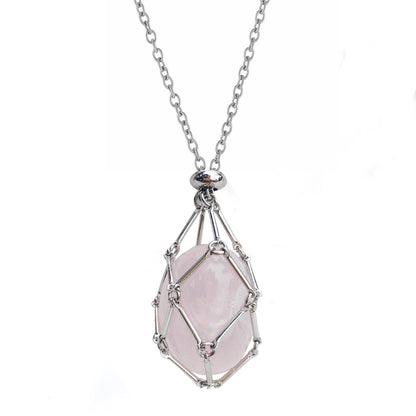 Silver stainless steel crystal holder necklace with pink quartz