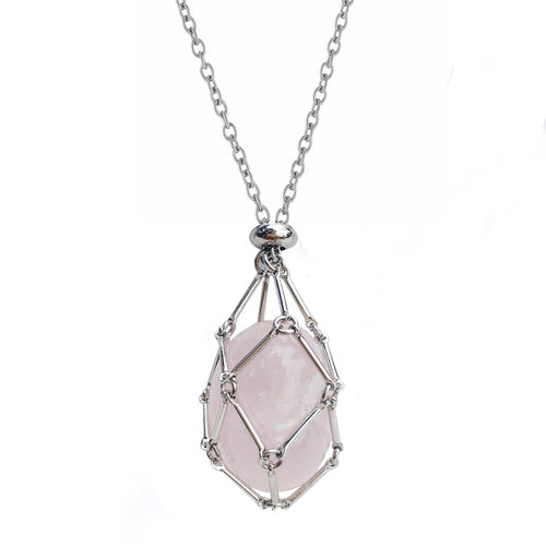 Silver stainless steel crystal holder necklace with pink quartz