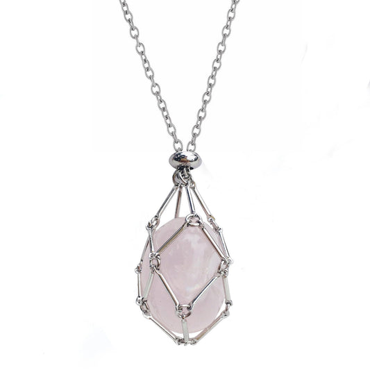 Silver stainless steel crystal holder necklace with pink quartz