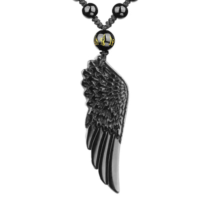 Black obsidian wing pendant necklace on an adjustable bead chain