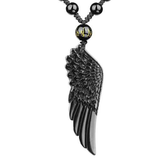 Black obsidian wing pendant necklace on an adjustable bead chain