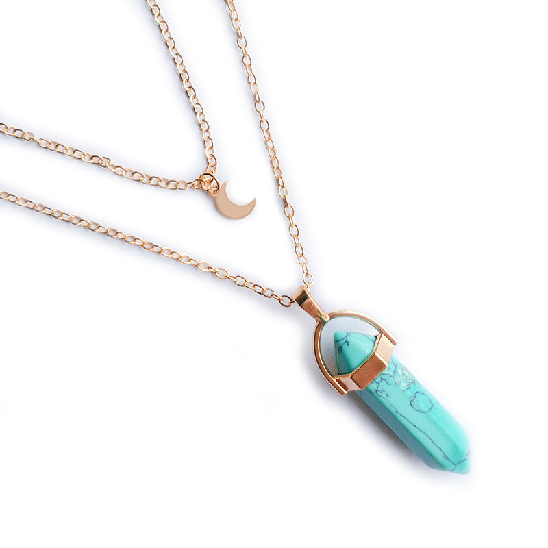 Moon & Hexagon Gemstone Necklace – Choose Your Stone
