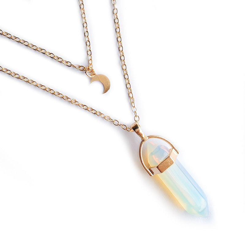Moon & Hexagon Gemstone Necklace – Choose Your Stone
