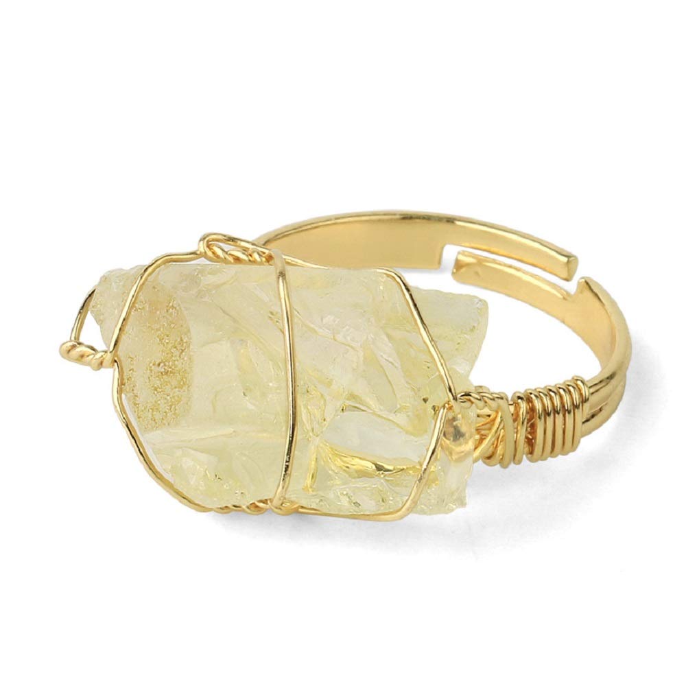 Raw lemon quartz crystal ring wrapped in copper wire