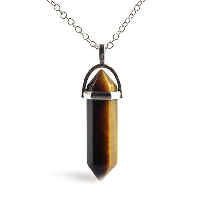 Wire-wrapped hexagonal crystal point pendant necklace in coffee