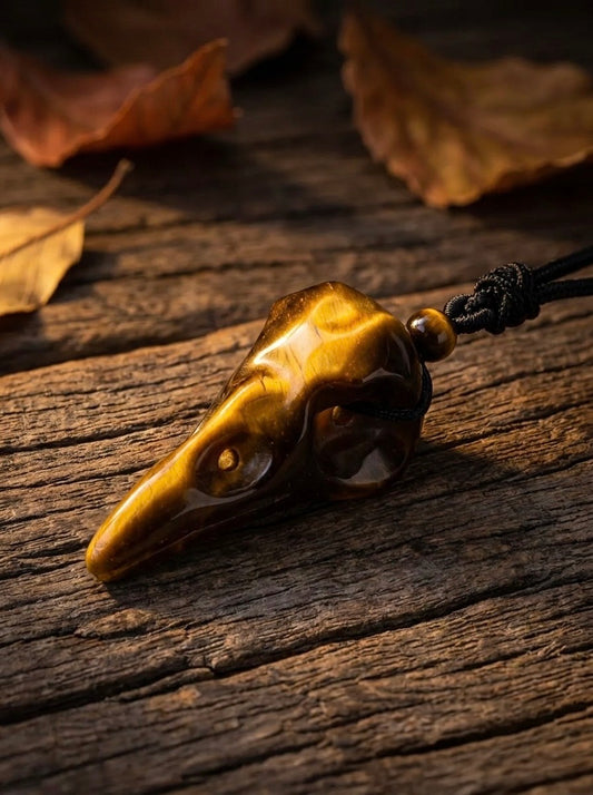 Tiger Eye Raven Skull Necklace