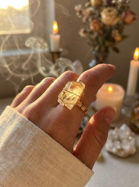 Raw Lemon Quartz Crystal Ring – Adjustable