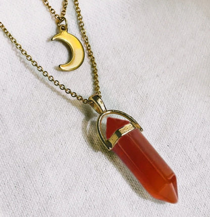 Moon & Hexagon Gemstone Necklace – Choose Your Stone