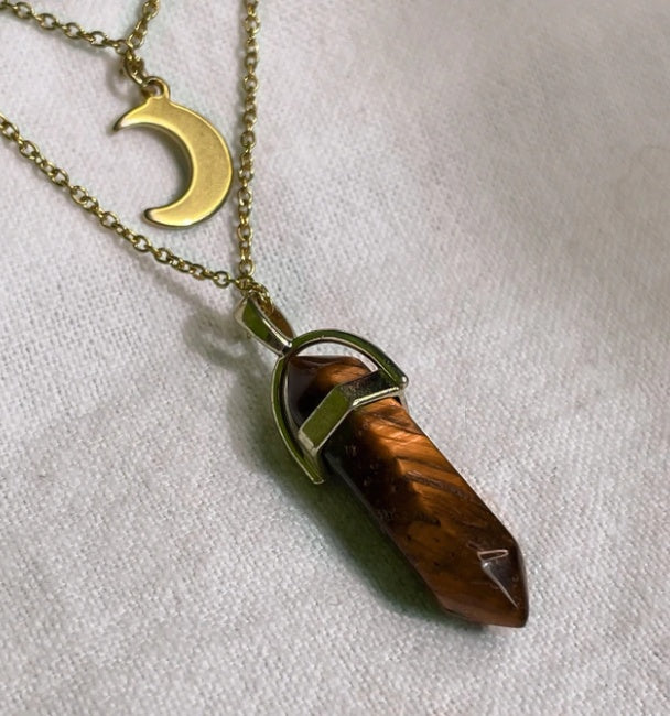 Moon & Hexagon Gemstone Necklace – Choose Your Stone