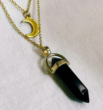Moon & Hexagon Gemstone Necklace – Choose Your Stone
