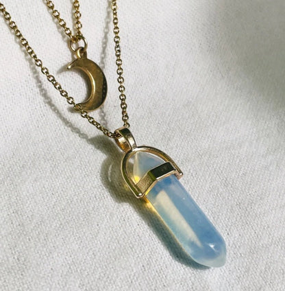 Moon & Hexagon Gemstone Necklace – Choose Your Stone