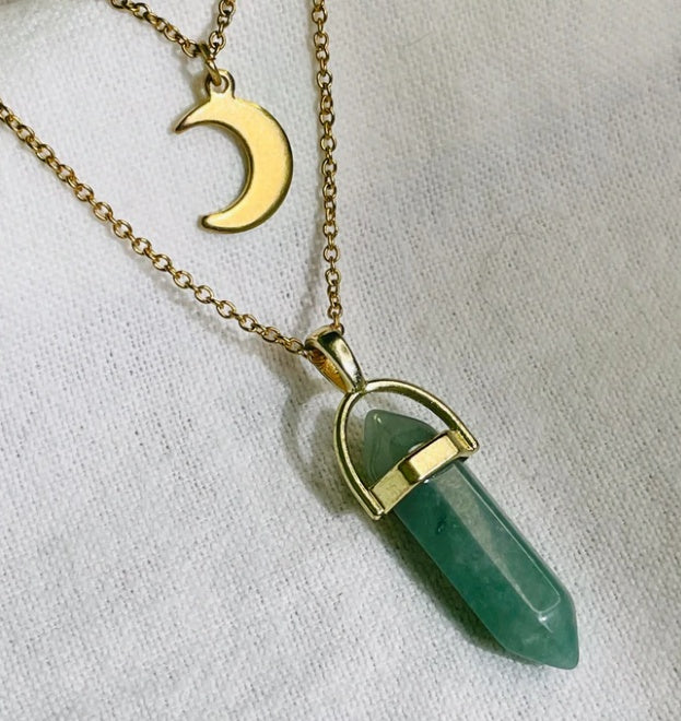 Moon & Hexagon Gemstone Necklace – Choose Your Stone